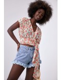 Chiffon blouse with ties in a floral print, beige and coral 20450 - Online store - Boutique